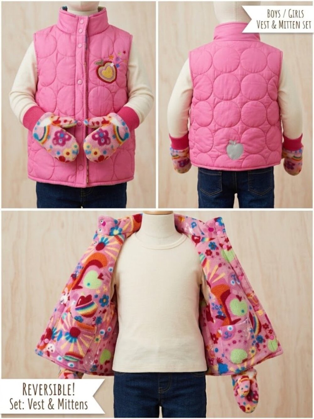 H&M Girls Size 3-4Y Reversible Pink Quilted Vest & Matching Mitten Set